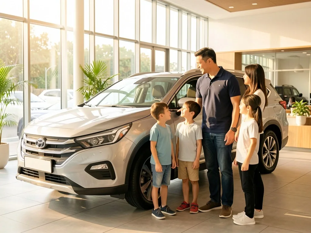 Familia recibiendo atención personalizada junto a un vehículo de alquiler