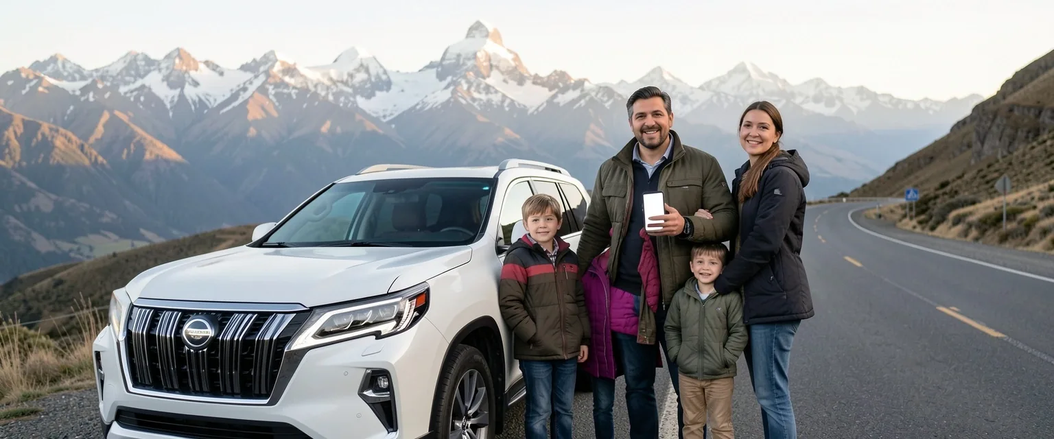 Familia viajando en un vehículo de alquiler por Argentina