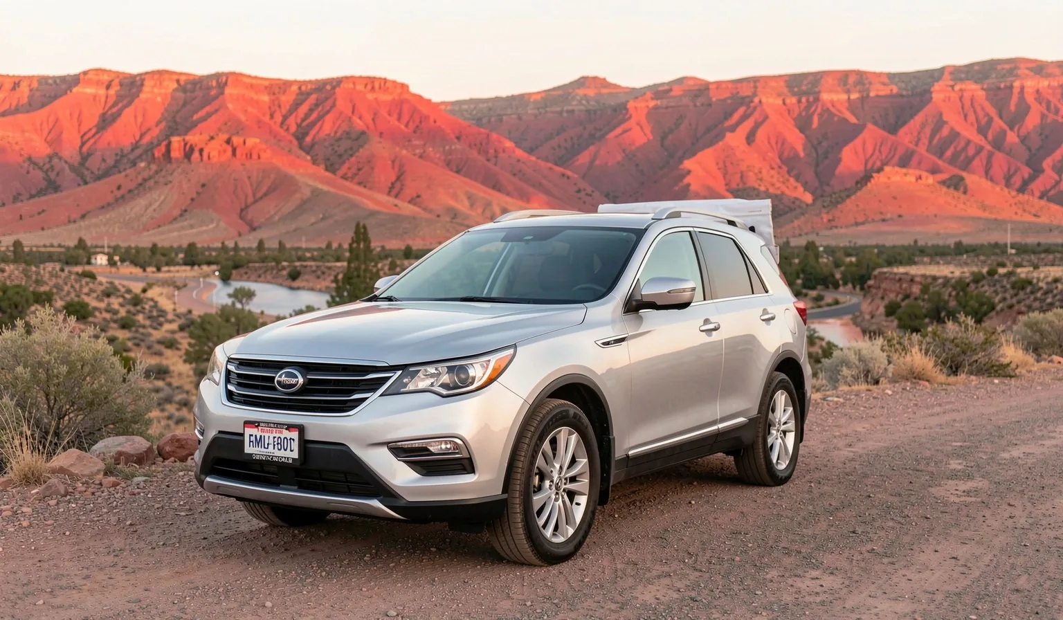 SUV de alquiler estacionado en una ruta argentina al atardecer