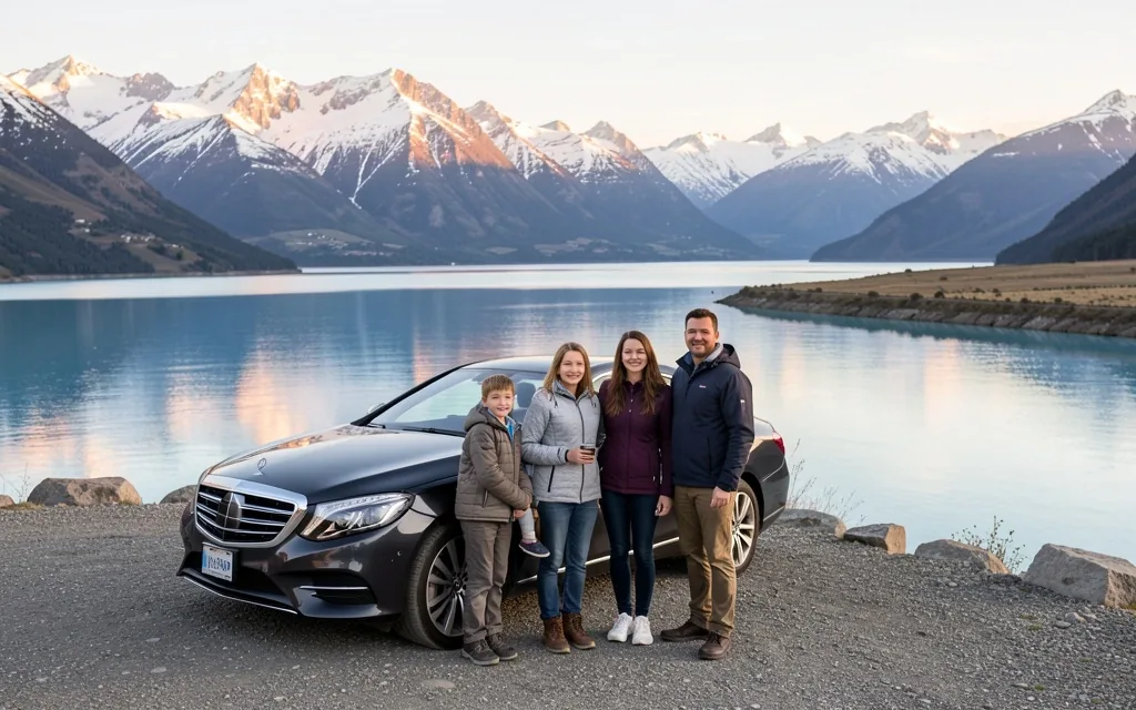 Familia junto a un lago cristalino en la ruta de los Siete Lagos