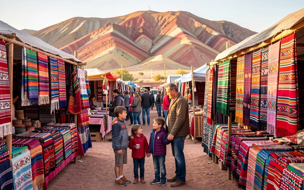 Familia caminando por un mercado artesanal en Purmamarca