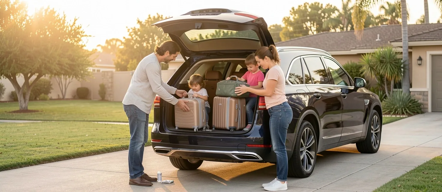 Familia cargando equipaje en un auto de alquiler al amanecer