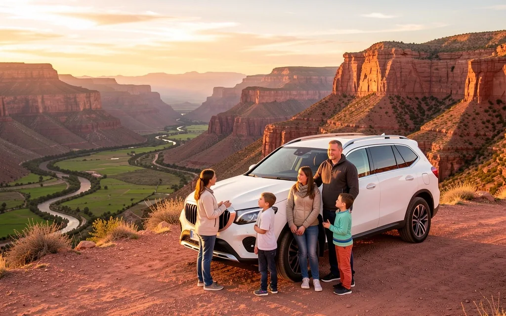 Familia disfrutando de vista panorámica en norte argentino con SUV alquilado
