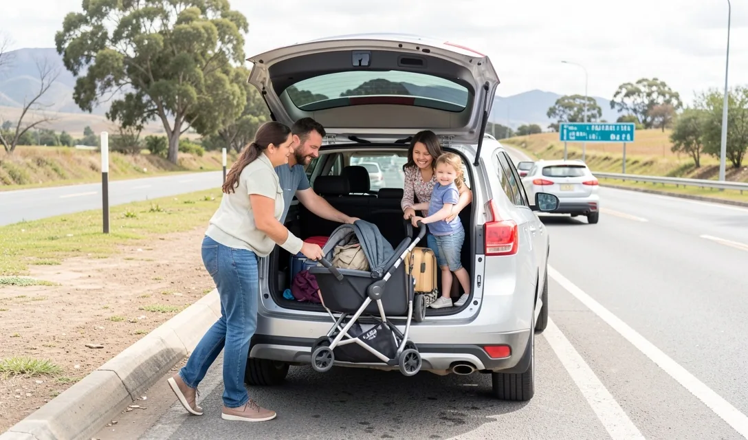 Familia cargando equipaje en SUV spacious durante viaje por Argentina