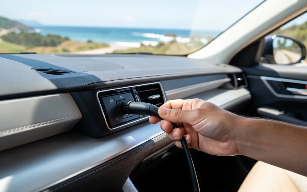 Interior de auto premium con pantalla infoentretenimiento y puertos USB