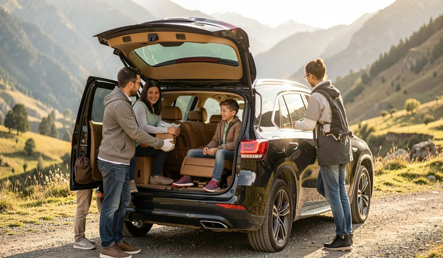 SUV premium estacionado en ruta patagónica al atardecer