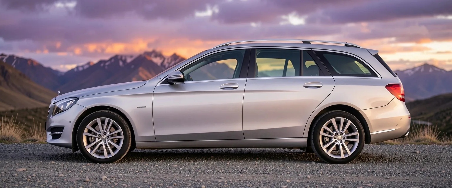 SUV premium al atardecer en ruta argentina con horizonte extendido