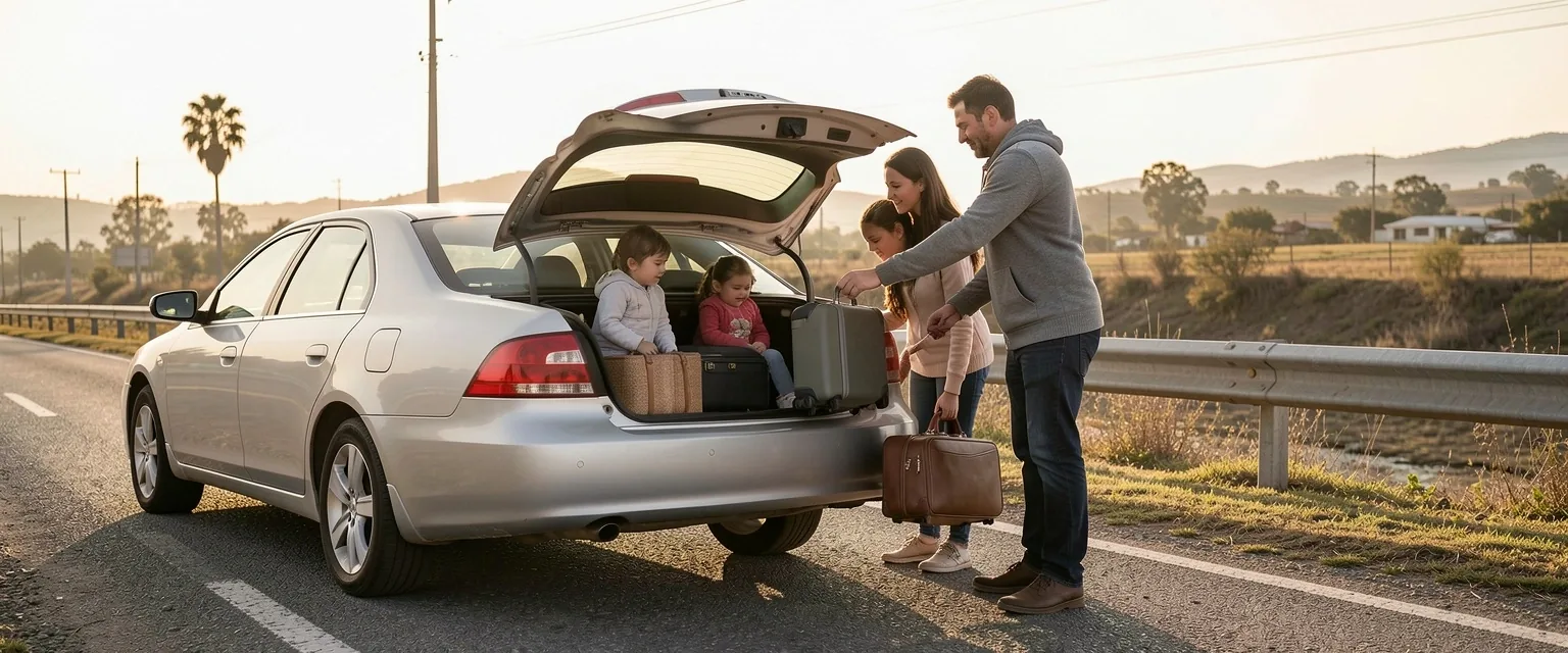 Familia cargando equipaje en un sedán de alquiler