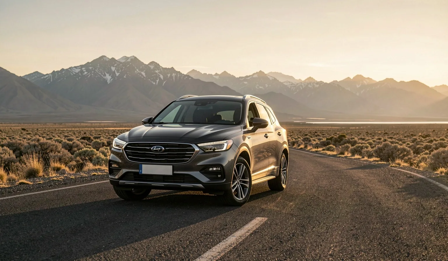SUV de alquiler en ruta patagónica al atardecer