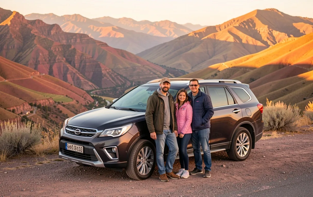 Familia junto a su vehículo de alquiler