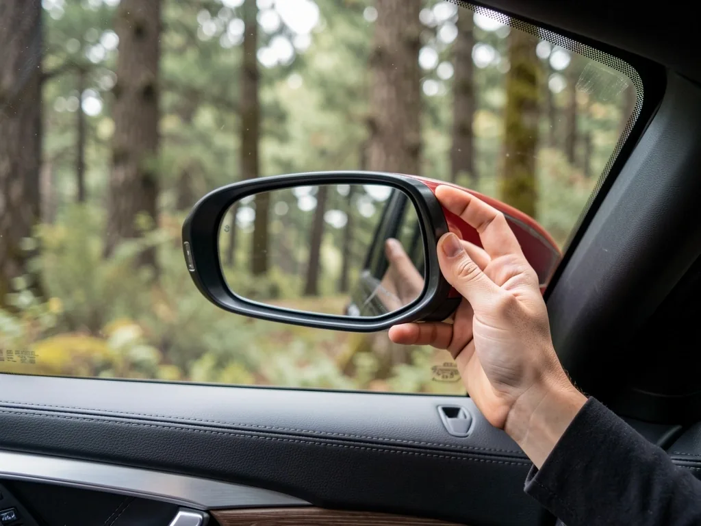 Ajuste del espejo retrovisor en el interior de un vehículo de alquiler