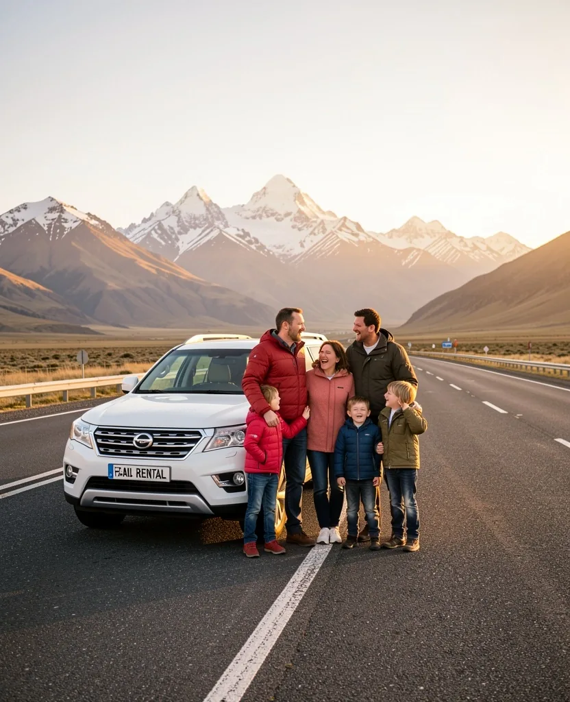 Familia junto a un SUV en una ruta argentina