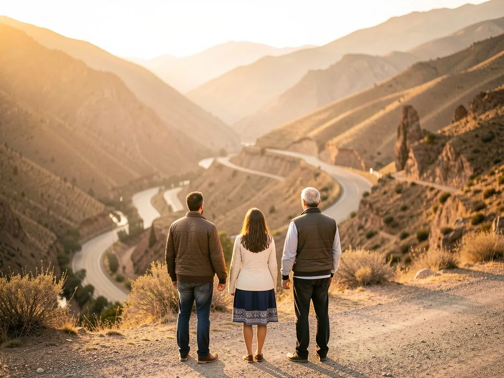 Familia mirando un paisaje montañoso desde un mirador