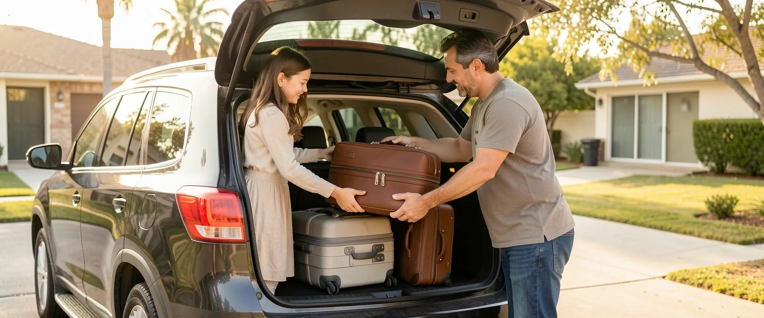 Familia cargando equipaje antes de un viaje por carretera