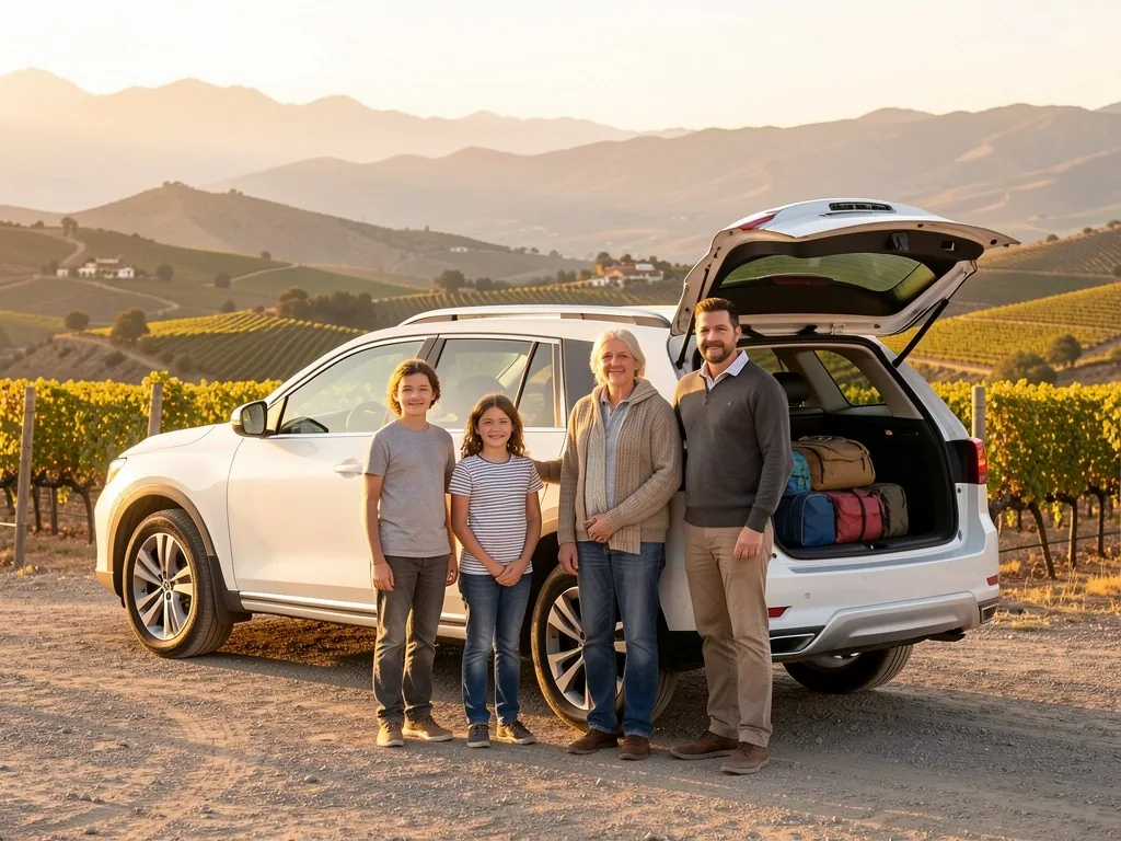 Familia junto a su vehículo de alquiler en ruta argentina