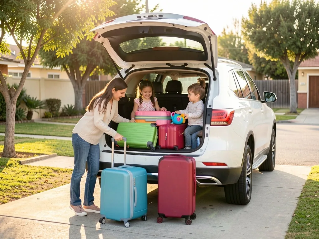 Familia cargando equipaje en el baúl de una SUV
