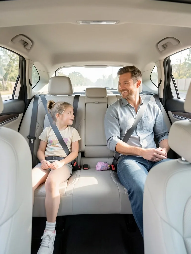 Padre con dos hijos en el asiento trasero de una SUV, viaje tranquilo y ordenado